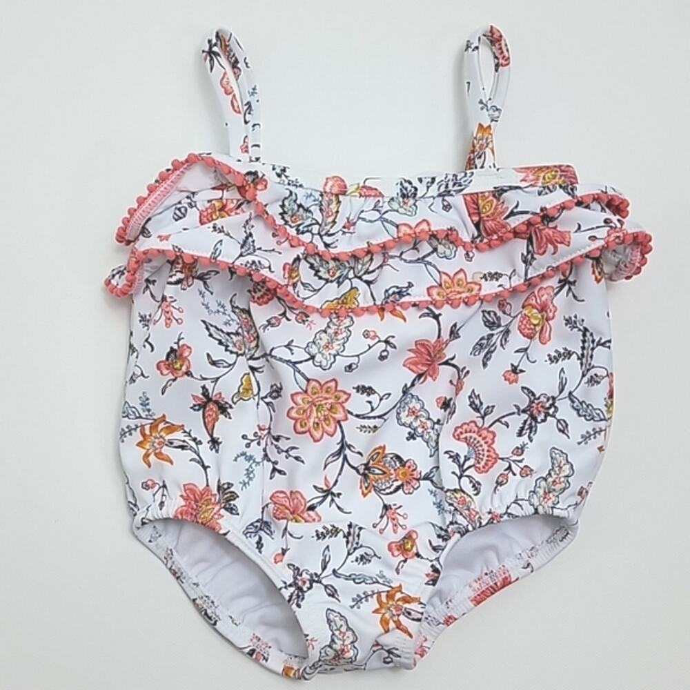 Janie and Jack Ruffled Floral Print White and Pink One Piece‎ Swimsuit Baby 3-6M